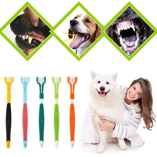 Brosse à dents à trois côtés pour chiens et chats, outil triple-action de soins des dents pour animaux de compagnie-1-Petmonde