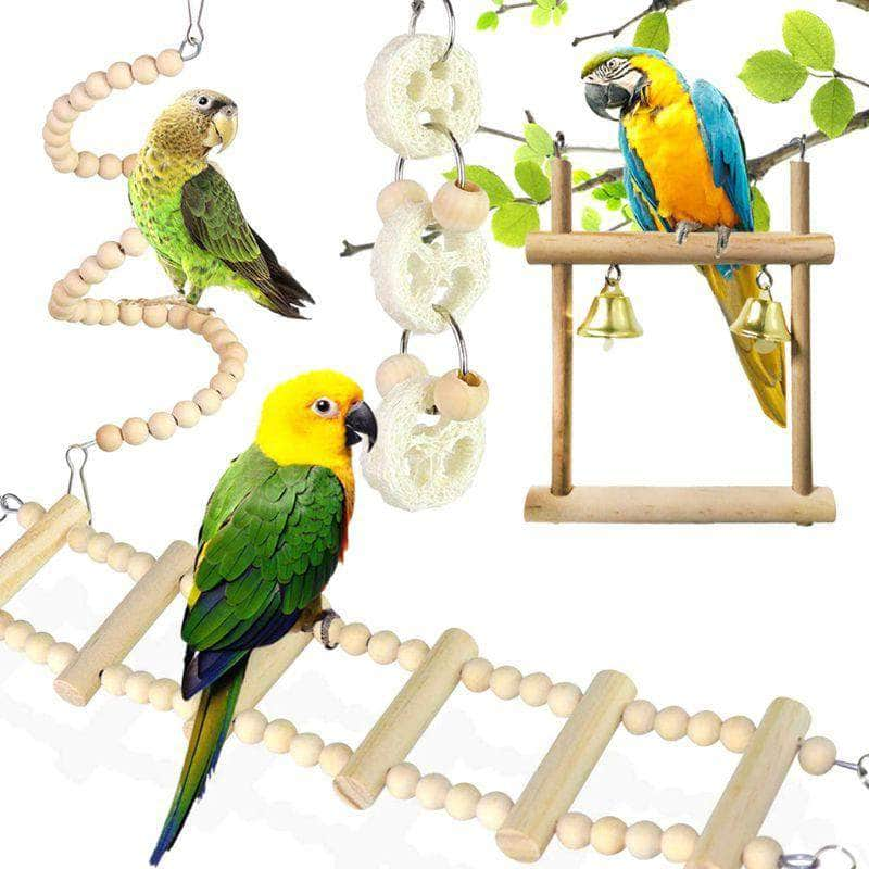 Ensemble de 8 pièces jouets pour oiseaux perchoir hamac balançoire échelle d'escalade set d'accessoires pour cage d'oiseau-3-Petmonde