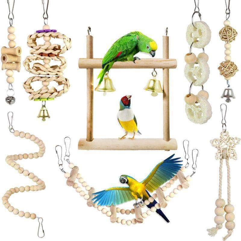 Ensemble de 8 pièces jouets pour oiseaux perchoir hamac balançoire échelle d'escalade set d'accessoires pour cage d'oiseau-1-Petmonde