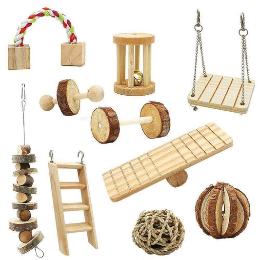 Lot de jouets à mâcher en bois naturel hamster petit rongeur pack de 10 accessoires d'exercice-1-Petmonde